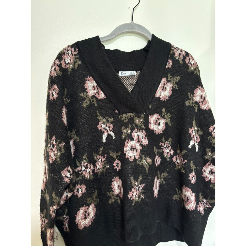 Floral Knit Sweater Black Pink Oversized Dark Cottagecore Soft Cozy Pullover S